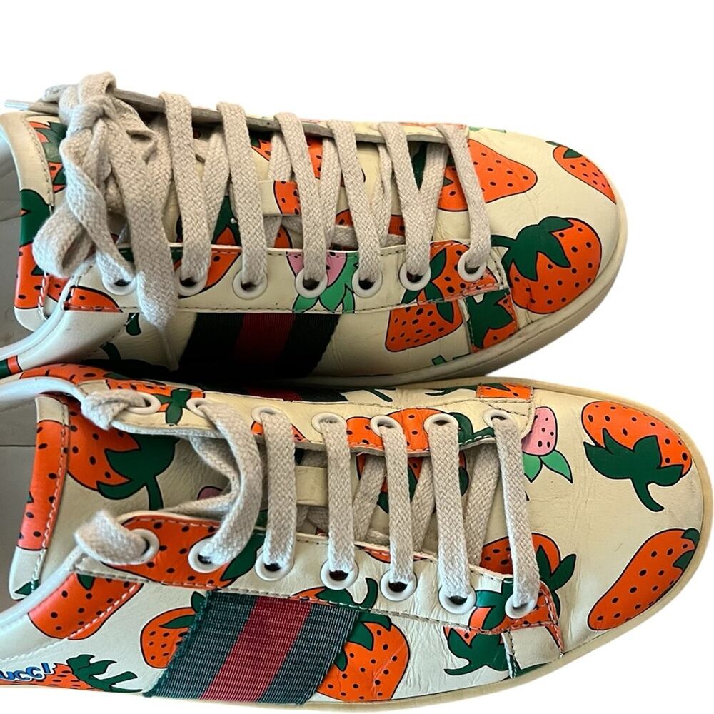 Gucci Ace Strawberry Print Leather Sneakers Low Top Web Stripe EU 37 US 7 - Picture 5 of 14